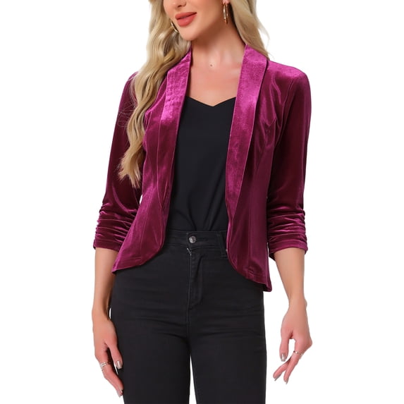 INSPIRE CHIC Valentine's Day Velvet Jackets for Women's 3/4 Sleeve Open Front Velvet Cardigan L Purple Red