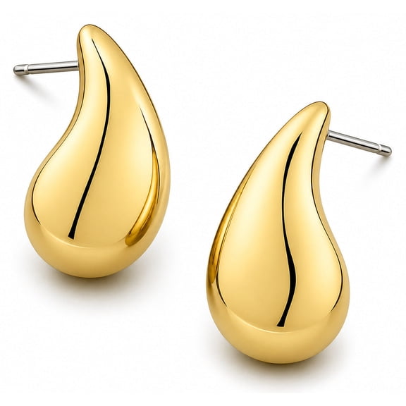 Gold Teardrop Stud Earrings for Women – Polished Gold Tone Water Drop Earrings, Minimalist Statement Jewelry, Lightweight Fashion Studs