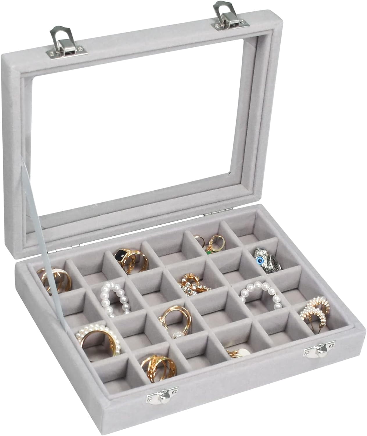 Velvet Jewelry Box 24 Grid Jewelry Ring Display Organiser Box Tray Holder Earrings Storage Case For Girls Wife Mom Women (Gray)[Z2245]