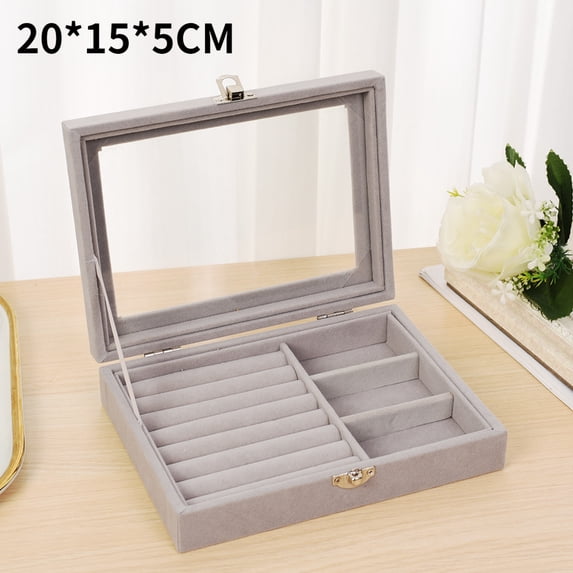 Velvet Jewelry Display Organizer Box Tray Holder Dustproof Cover Ring Earring Storage Case Showcase Velvet Jewelry Stand Boxes Grey A