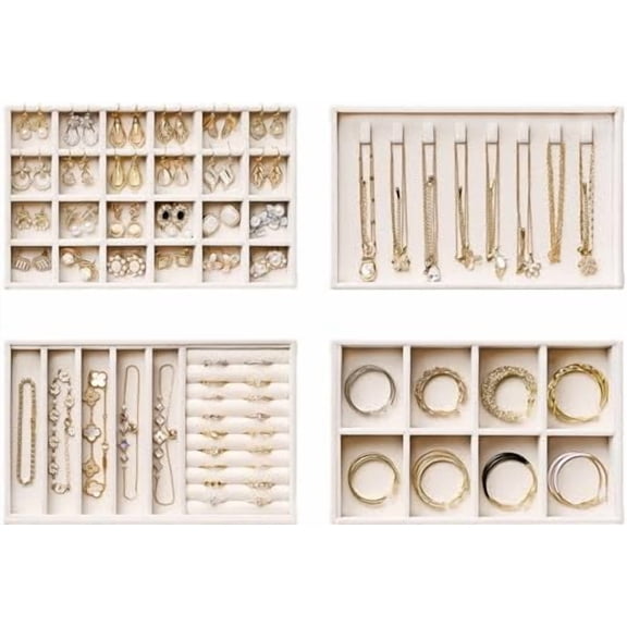 Velvet Jewelry Drawer Organizer Trays – Beige Stackable Jewelry Storage Inserts Set, 4-Layer Jewelry Tray Set for Earrings, Rings, Necklaces, Bracelets with Removable Dividers for Dresser & Vanity