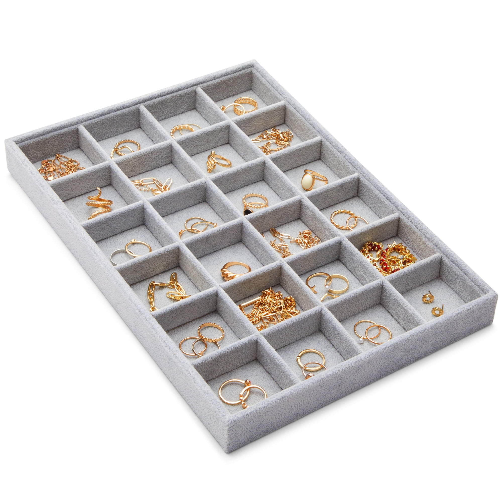 Velvet Jewelry Organizer Tray, Stackable 24 Grid Storage for Rings