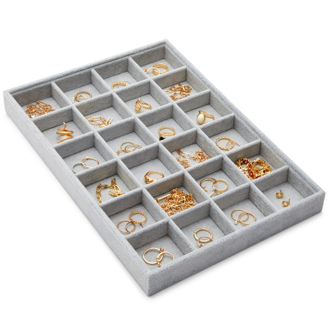 Velvet Jewelry Organizer Tray, Stackable 24 Grid Storage for Rings