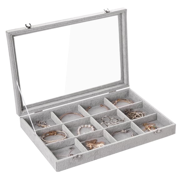 Velvet Jewelry Tray,24 Grid Jewelry Organizer with Clear Lid,Earring Holder Organizer with Clasp,Drawer Insert Rings Pendants Brooches,13.8 x 9.5 x 2 Inches,Gift for Women Girls(Black)