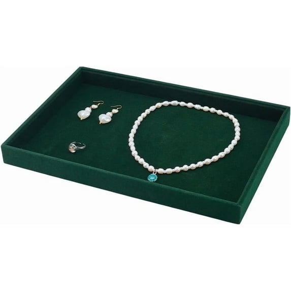 Velvet Jewelry Trays flat Green Rectangle Velvet Display Trays Elegant Stackable Jewelry Drawer Organizer Tray for Rings Earrings Necklaces Bracelets Storage Display 35x24x3.2cm for DIY