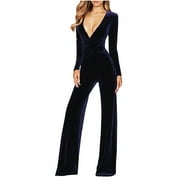 BRGZLK Velvet Jumpsuits for Women Elegant V Neck Playsuits Long Sleeve High Waist Romper Velour Belted Dungarees Petite Overalls Wedding Party Clubbing Jumpsuit
