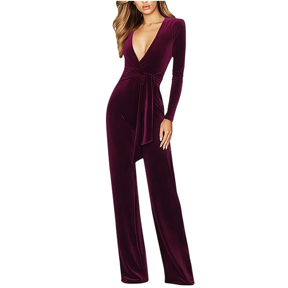 Velvet Jumpsuits for Women Elegant V Neck Playsuits Long Sleeve High Waist Romper Velour Belted Dungarees Petite Overalls Wedding Party Clubbing Jumpsuit