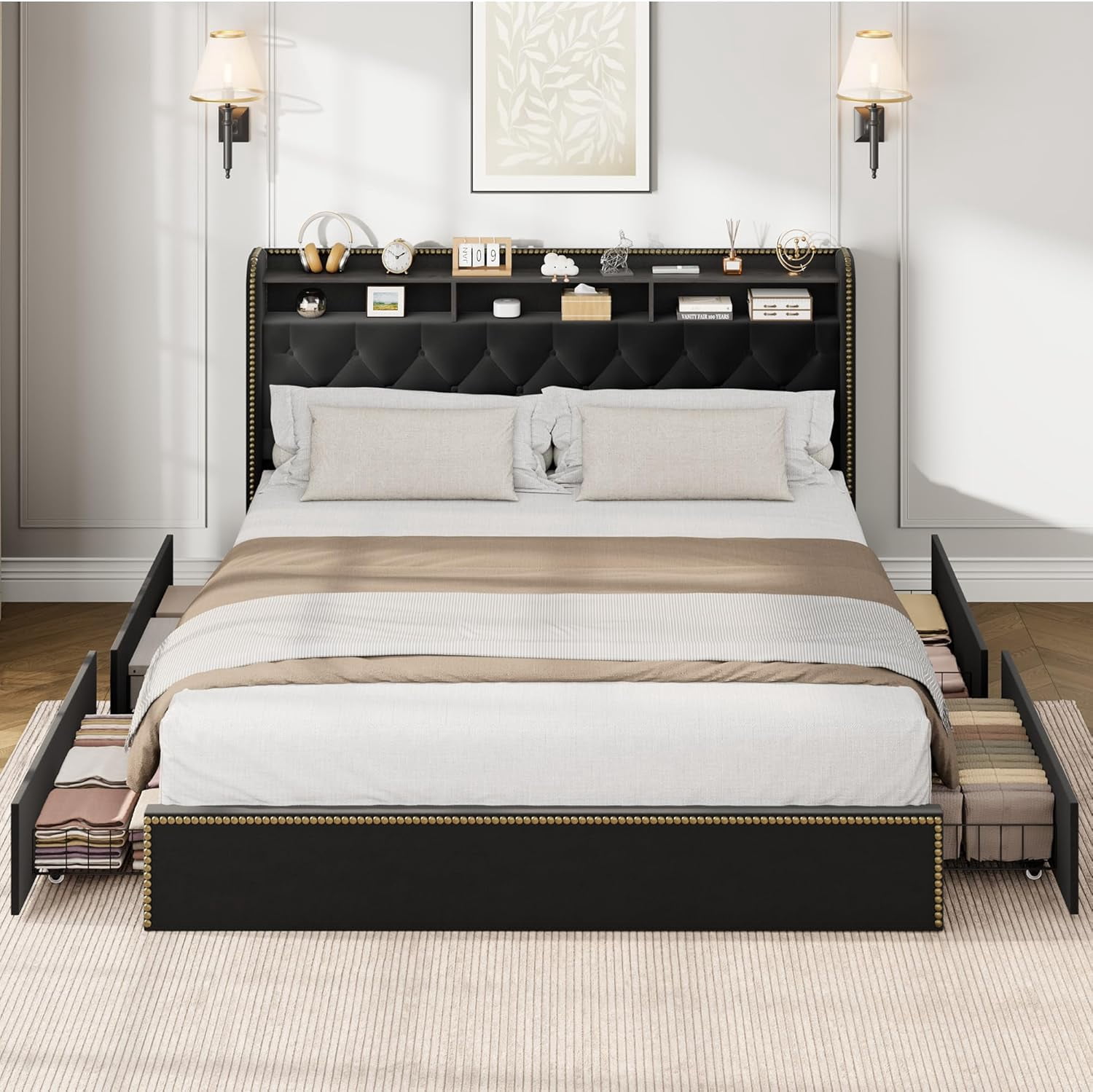 Velvet King Size Bed Frame with 4 Storage Drawers Upholstered King ...