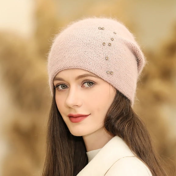 Velvet Knitted Pullover Cap for Women, Double Layer Warm Pile Lined Beanie, Thermal Winter Skull Cap for Cold Weather, Cozy Slouchy Hat for Outdoor Travel and Daily Wear - Pink