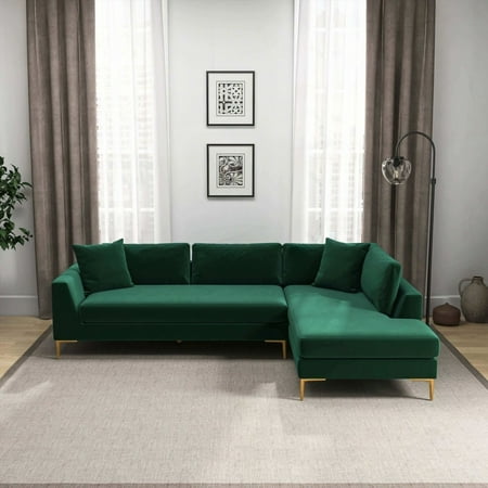 Velvet L-Shaped Sectional Sofa in Green with Right Facing Orientation by Mano