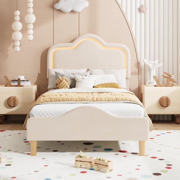 Velvet LED Bed Frame with Adjustable Headboard and Footboard, Upholstered Princess Platform Bedframe , Solid Wood Slats, Noise Free & No Box Spring Needed, Easy Assembly