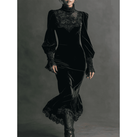 Velvet Lace Patchwork Dress for Women's Gothic Punk Puff Sleeve Lace Trim Cut Out Dress Party Vintage Autumn Long Sleeve Dress