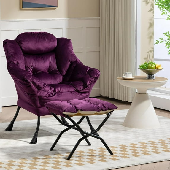 Velvet Lazy Chair with Foldable Ottoman,Large Lazy Chair, Accent Reading Chair, Cozy Lounge Chair with Armrest, Leisure Sofa Chair for Living Room, Bedroom, Dorm, Purple