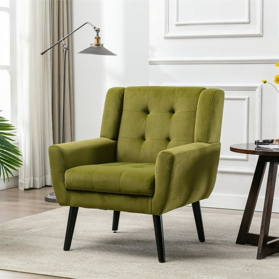 Accent Chair for Living Room, Mid Century Velvet Upholstered Single Sofa Club Chair with Tight Backrest and Armrest, Ergonomic Leisure Armchair for Indoor Home Bedroom Reading Room, Green
