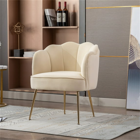 Velvet Living Room Chair, Modern Shell Shape Accent Chair with Golden Metal Legs, Upholstered Armchair Barrel Chair for Home Office, 250LBS Weight Capacity, Creme White