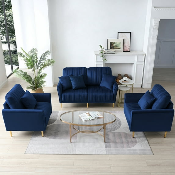 Velvet Living Room Sofa Set - 3-Piece with 2 Accent Chairs and Compact 2-Seater Sofa for Small Spaces, Navy Blue