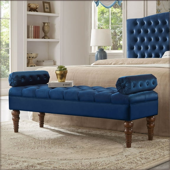 Velvet Long Bed Bench - Upholstered Tufted Button with Solid Wood Frame - for Bedroom, Living Room, or Entryway