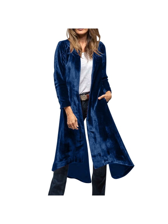 Velvet Long Jackets for Women Party Holiday Outfits Long Sleeve Back Split Open Front Cardigan Over Coats (2XL, Navy)