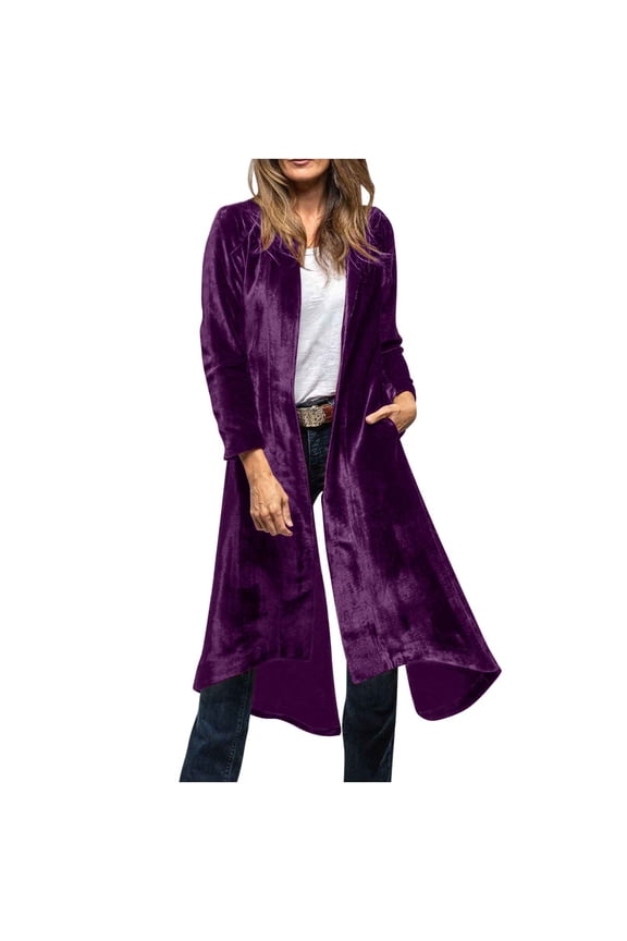 Velvet Long Jackets for Women Party Holiday Outfits Long Sleeve Back Split Open Front Cardigan Over Coats (M, Purple)