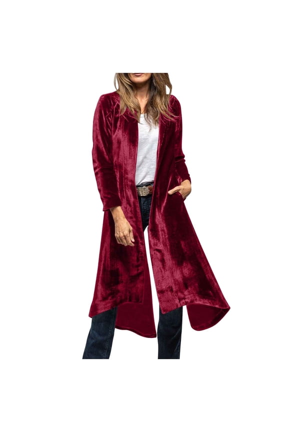 Velvet Long Jackets for Women Party Holiday Outfits Long Sleeve Back Split Open Front Cardigan Over Coats (M, Red)