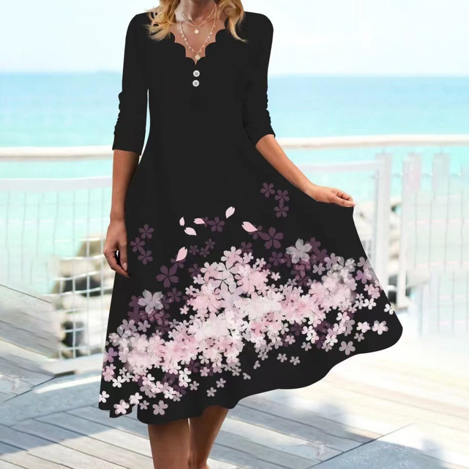 Velvet Long Sleeve Dress for Women Fashion Women Casual Print VNeck