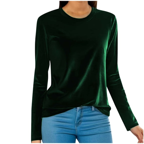 Velvet Long Sleeve Shirts for Women Trendy Casual Blouses Crew Neck Loose Solid Color Plus Size Tunic Tops M-4XL (X-Large, Green)