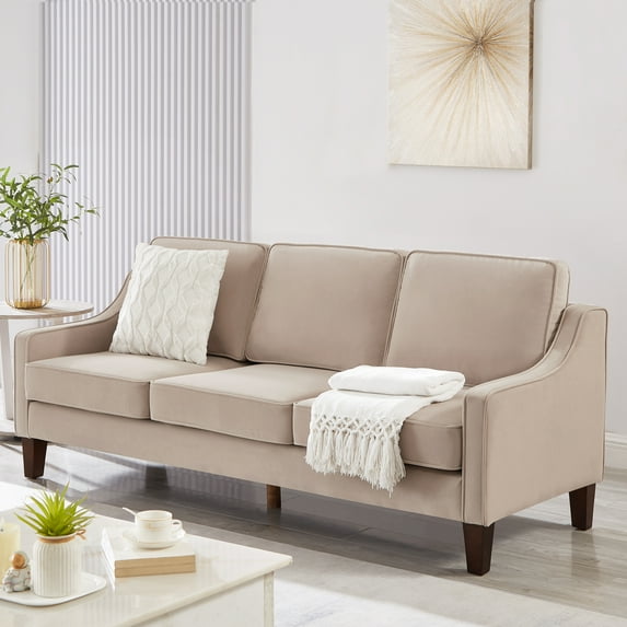 Velvet Longseat Sofa with Wooden Legs, Modern 3-Seater Sofa with Backrest and Soft Paded Seat, Small Sofa Couch with Removable Cushions for Bedroom Livng Room Apartment, Taupe