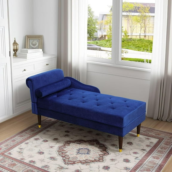 Velvet Lounge Chair, 59 Inches, Living Room Futon Sofa with Left Armrest and Lumbar Pillow, Button Tufted Lounge Sofa for Living Room Bedroom Office, Tool-Free Assembly Blue