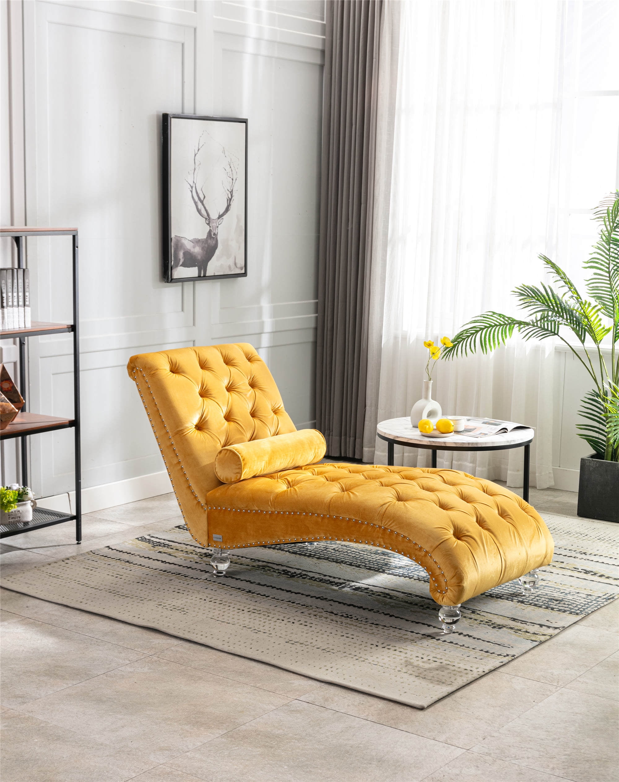 Velvet Lounge Chaise Chair with Toss Pillow and Nailhead Trims Button Tufted Upholstered Chaise Sleeper Leisure Sofa Couch with Acrylic Legs for