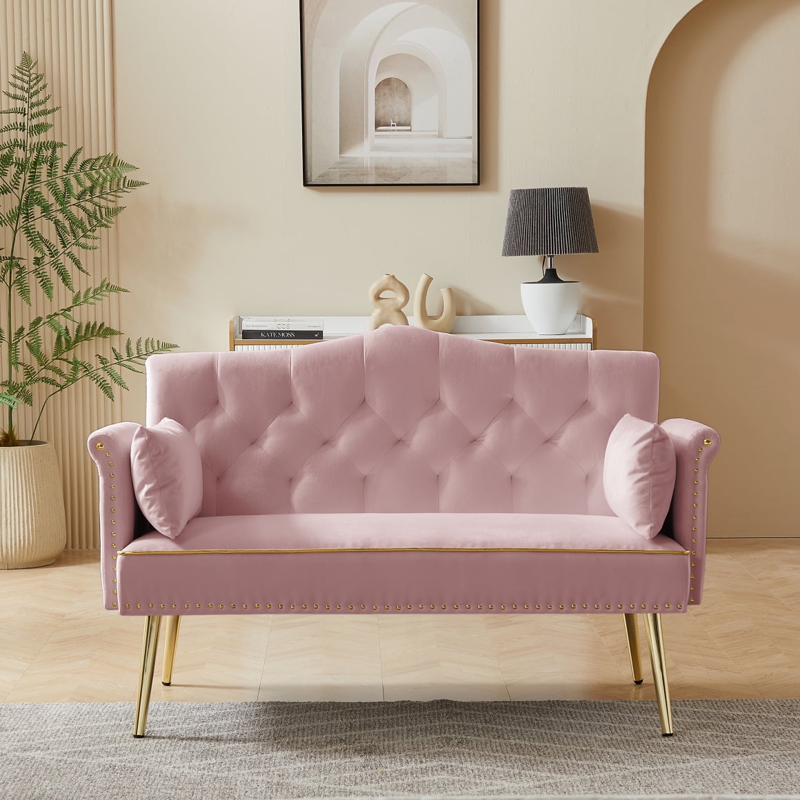 54 Velvet Sofa Accent Couch Settee Upholstered Chair with Metal Legs 2 Seater Small Loveseat for Small Spaces Living Room Pink Walmart
