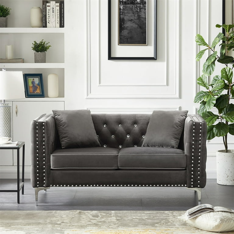 59.4 Modern Velvet Loveseat Jeweled Buttons Tufted Square Arm Sofa Couch with 2 Pillows for Living Room Bedroom Grey