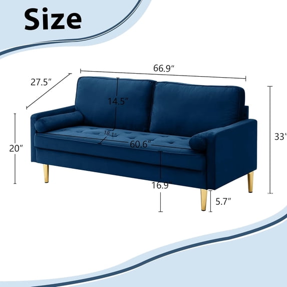 Velvet Loveseat Sofa, 66.9'' Mid Century Modern Small Love Seat with 2 Pillows & Golden Legs Comfy Couch for Living Room, Upholstered 2-Seater Sofa for Small Apartment (Navy)