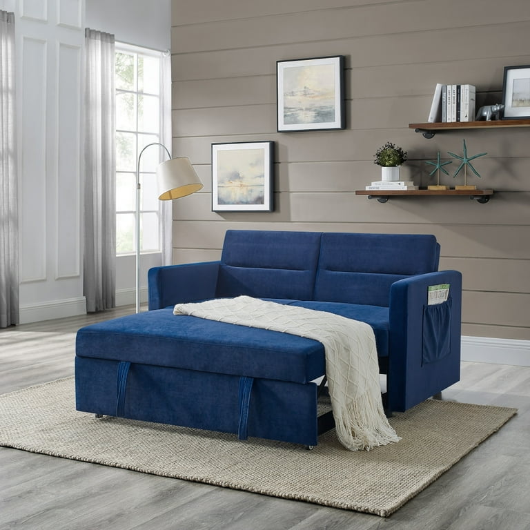 Velvet Loveseat Sofa Bed 3 in 1 Convertible Sleeper Sofa Bed with Pull out Bed Reclining Couch Bed with Adjsutable Back and Two Side Pockets Modern Sofa Couch for Livng Room Apartment Blue