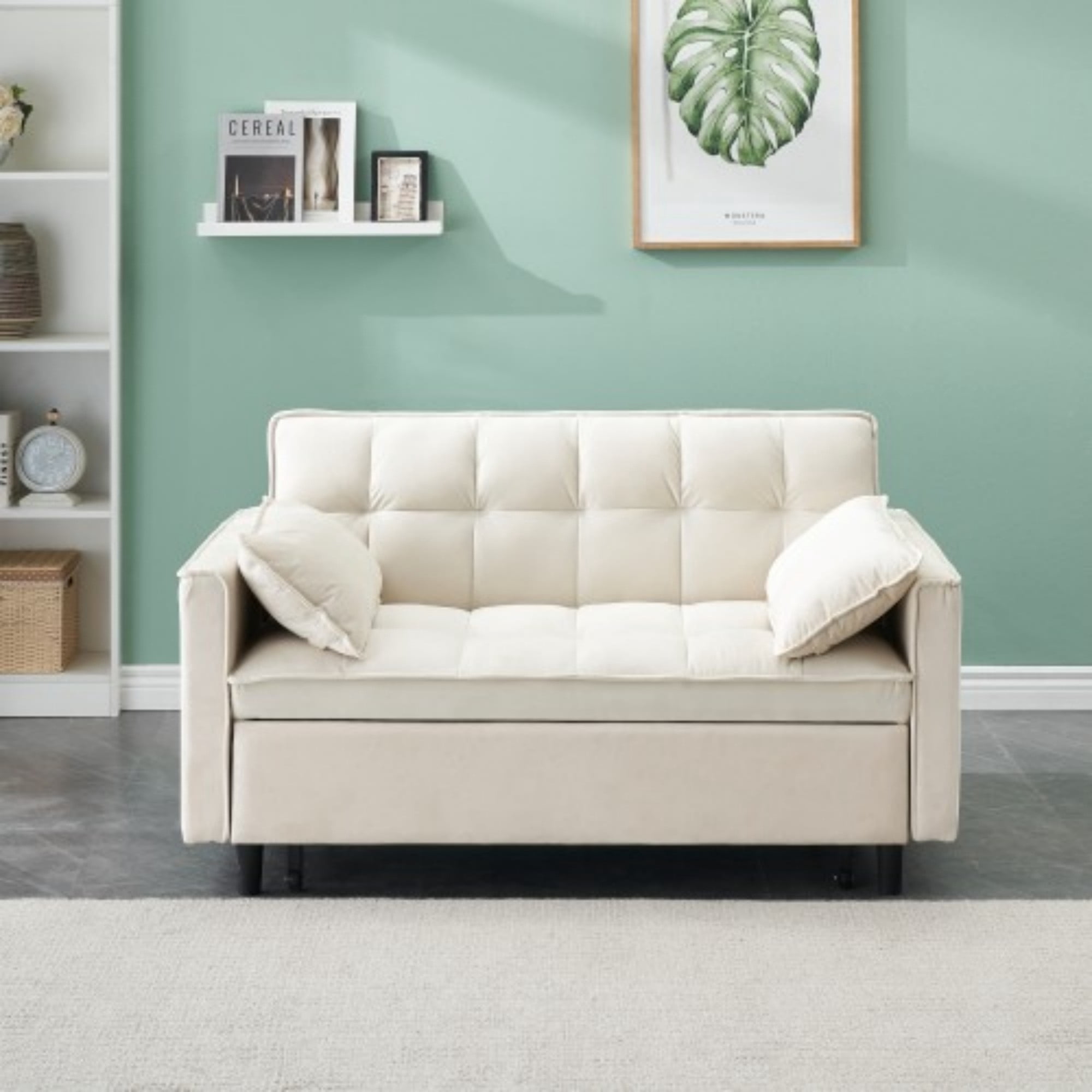 Velvet Loveseat Sofa Bed, 3-in-1 Convertible Sleeper Couch with Pullout Bed & Reclining Backrest, Beige