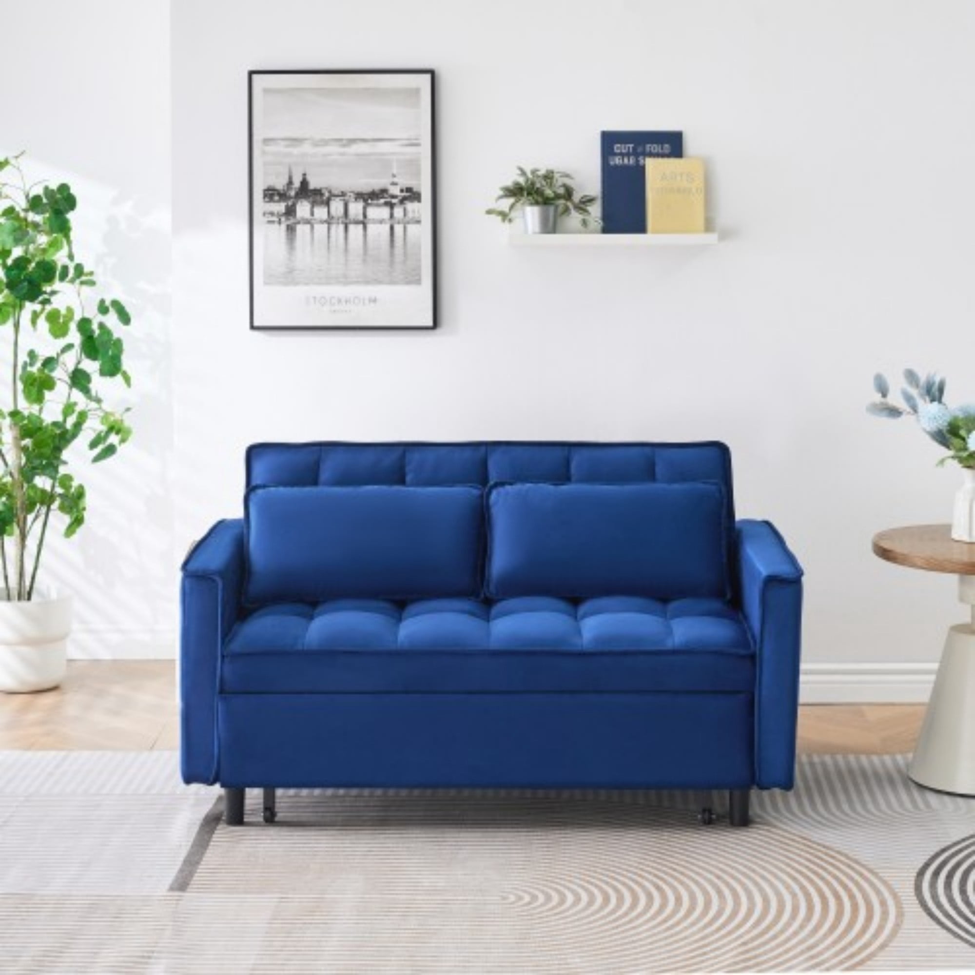 Velvet Loveseat Sofa Bed, 3-in-1 Convertible Sleeper Couch with Pullout Bed & Reclining Backrest, Blue