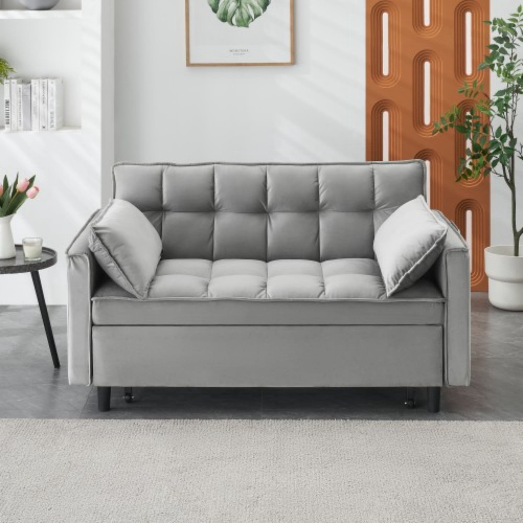 Velvet Loveseat Sofa Bed, 3-in-1 Convertible Sleeper Couch with Pullout Bed & Reclining Backrest, Gray