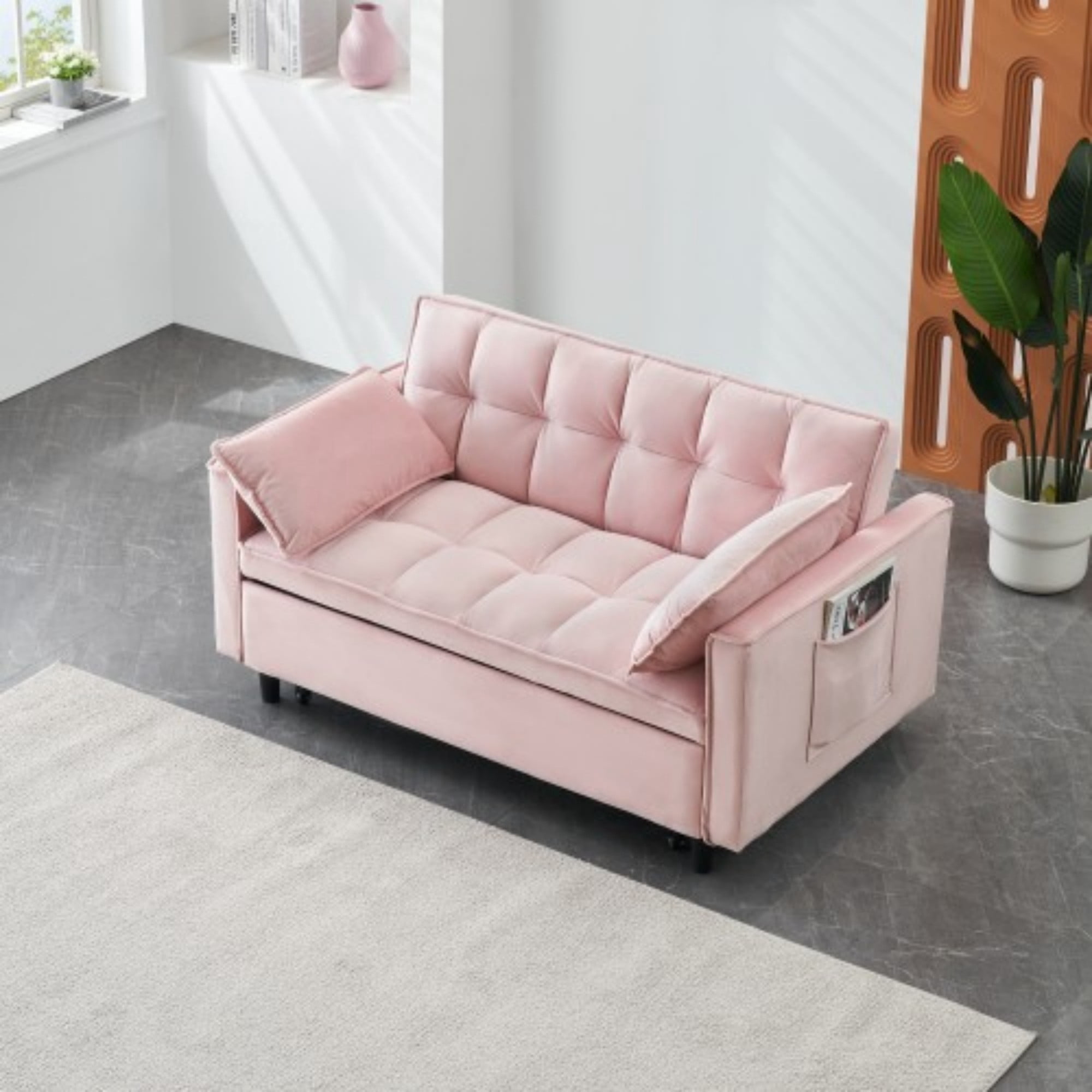 Velvet Loveseat Sofa Bed, 3-in-1 Convertible Sleeper Couch with Pullout Bed & Reclining Backrest, Pink