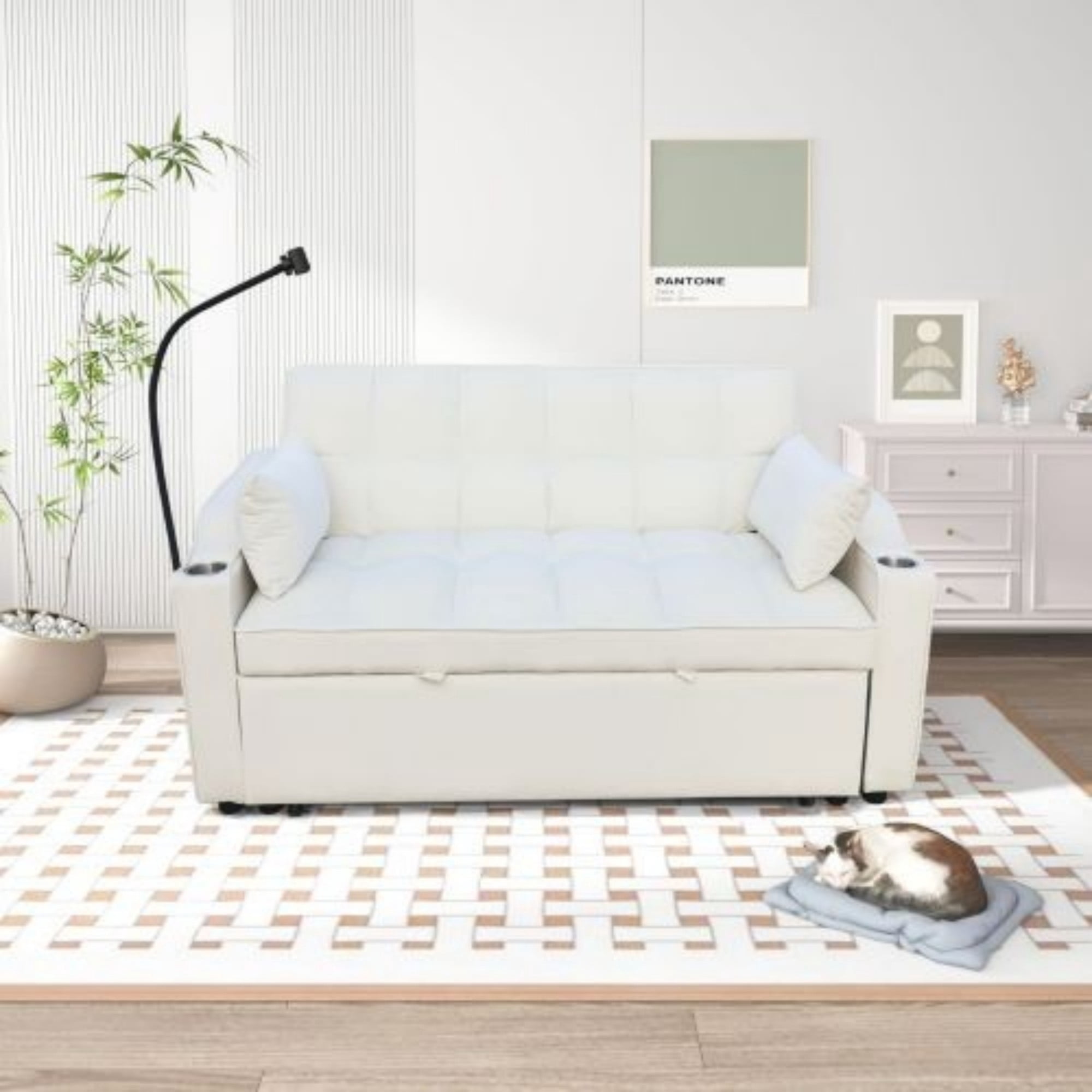 Velvet Loveseat Sofa Bed, 3-in-1 Convertible Sleeper Couch with USB Ports, Phone Holder & Pullout Bed, Beige