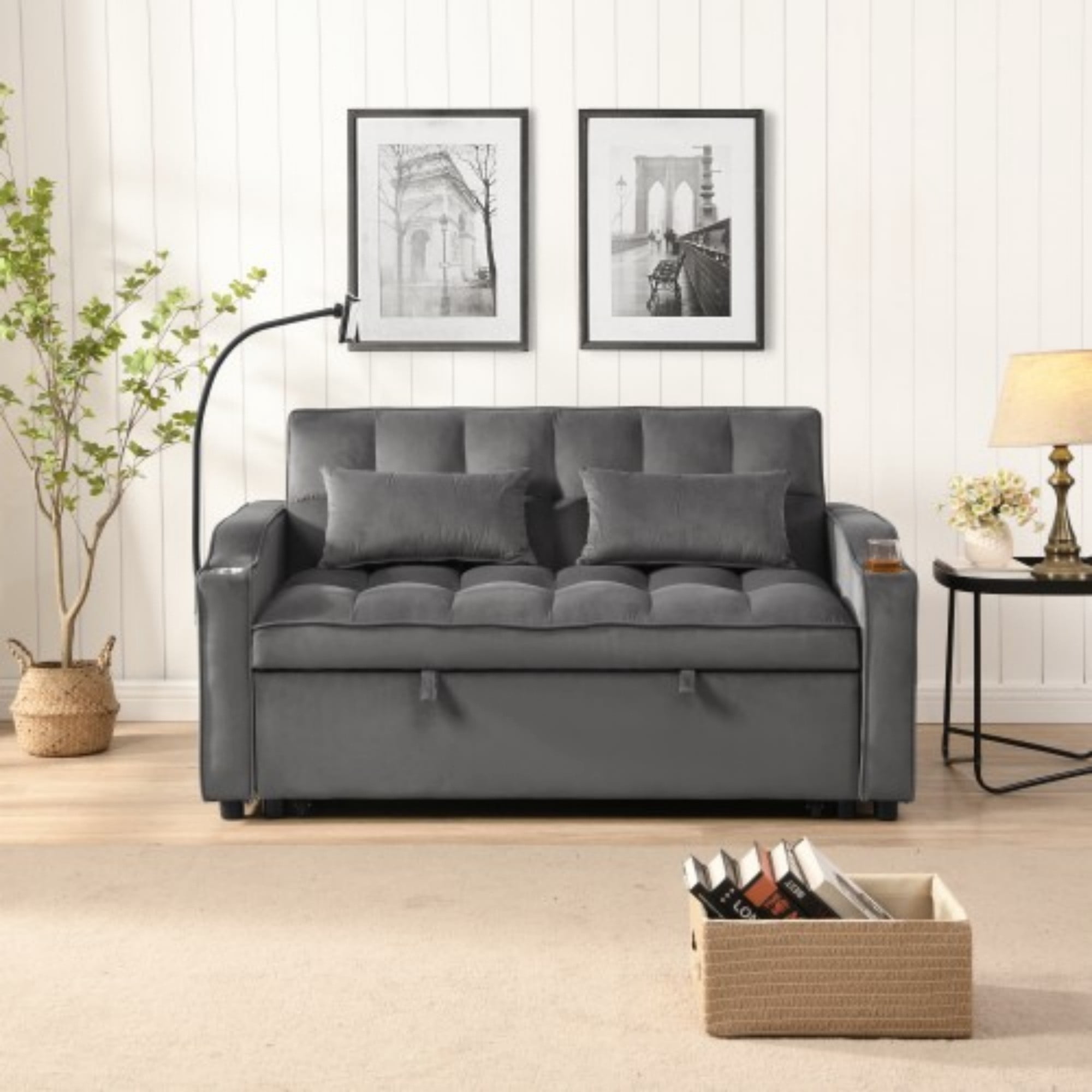 Velvet Loveseat Sofa Bed, 3-in-1 Convertible Sleeper Couch with USB Ports, Phone Holder & Pullout Bed, Dark Gray