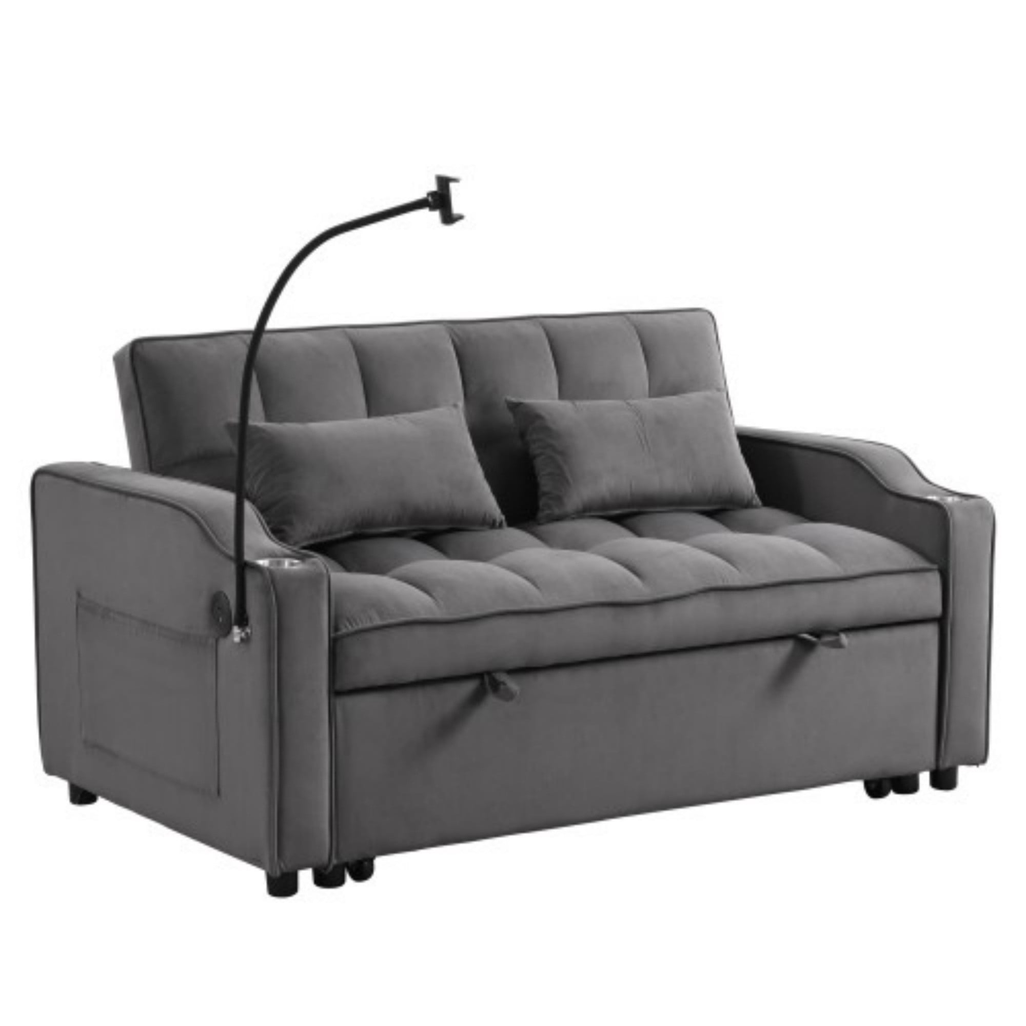 Velvet Loveseat Sofa Bed, 3-in-1 Convertible Sleeper Couch with USB Ports & Pullout Bed, Dark Gray
