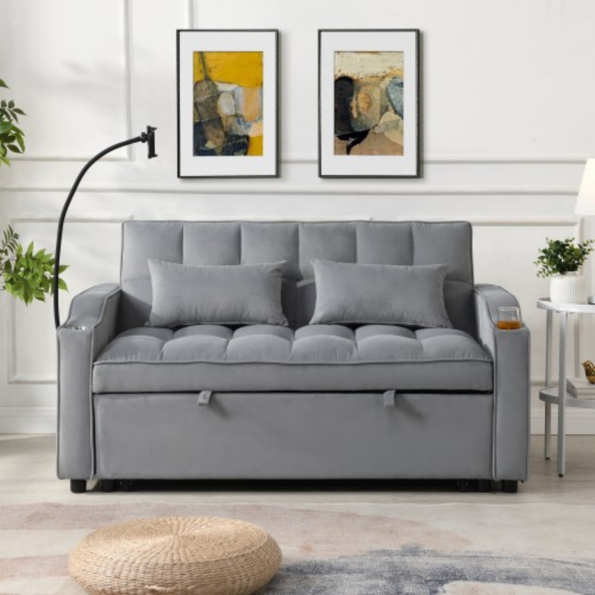 Velvet Loveseat Sofa Bed, 3-in-1 Convertible Sleeper Couch with USB Ports & Pullout Bed, Light Gray