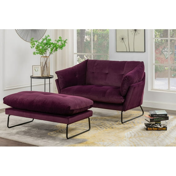Velvet Loveseat Sofa with Bench Ottoman, Upholstered Sofa Couch and Ottoman with Tubular Metal Legs, Comfortable 2-Seat Sofa Lounge Chair for Living Room, Bedroom and Home Office, Purple