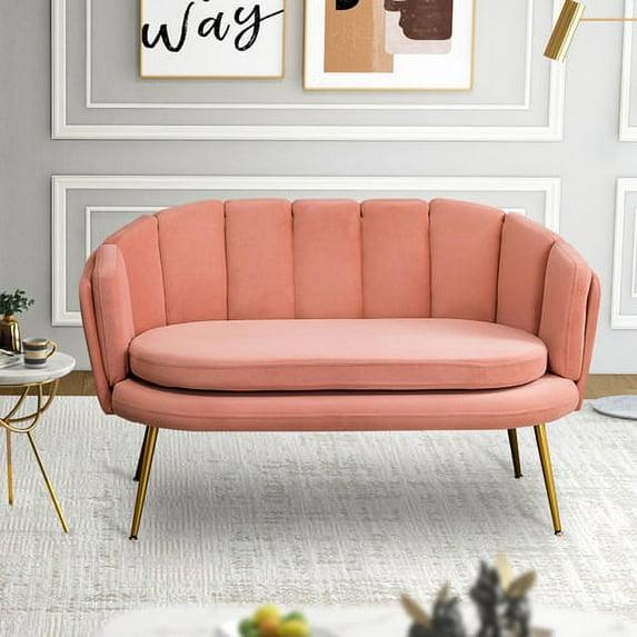 Velvet Loveseat Sofa, Modern 2-Seater Sofa with Gold Legs,Comfy Upholstered Small Love Seat Couch, Flower Shaped Back for Living Room Bedroom, Office, Apartment, Small Space,Pink