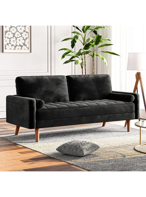 Velvet Loveseat Sofa,Neche 59" 2 Seater Sofa Couch Modern Upholstered Love Seat with 2 Pillows,Black