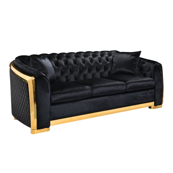Velvet Luxury Chesterfield Sofa Set, 84 Inches Tufted 3 Seat Couch with Gold Stainless for Living Room, Black Fabric 00016
