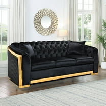 Velvet Luxury Chesterfield Sofa Set, 84 Inches Tufted 3 Seat Couch with Gold Stainless for Living Room (Black)
