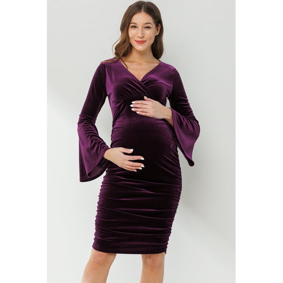 Velvet Maternity V-Neck Bodycon Dress with Bell Sleeves
