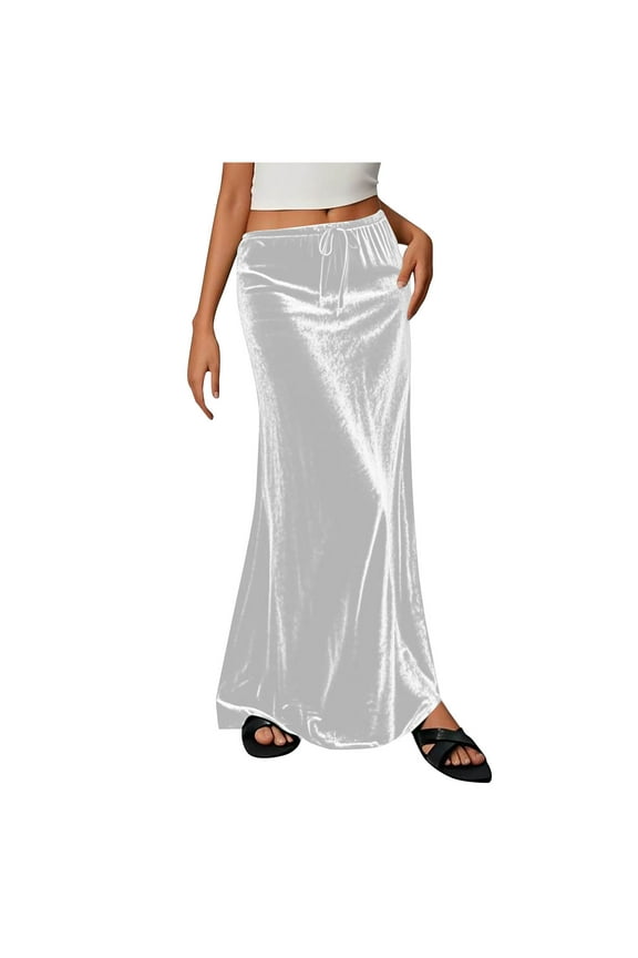 Velvet Maxi Skirts for Women Elastic High Waisted Drawstring Long Skirts Solid Color Full Length Fall Clothes (2XL, White)