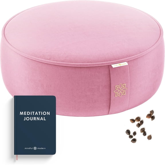 Velvet Meditation Cushion with Buckwheat Hull Fill Large Round Floor Pillow Posture Support Removable Washable Cover Carry Handle Blush Pink