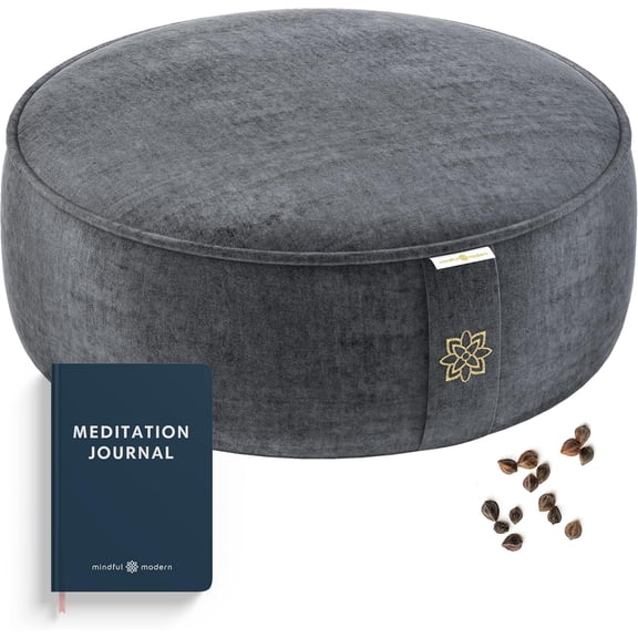 Velvet Meditation Cushion with Buckwheat Hull Fill Round Posture Support Pillow Removable Washable Cover Carry Handle Graphite Grey